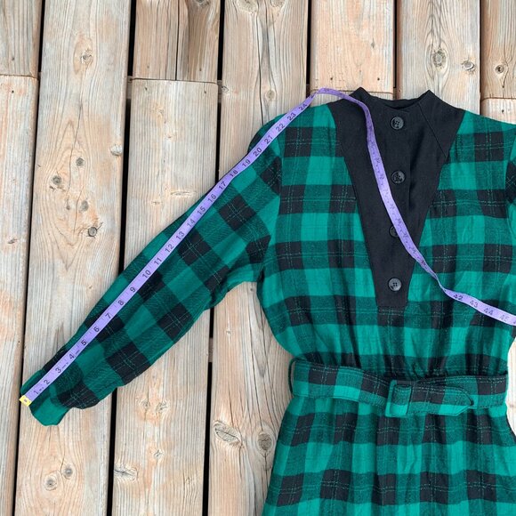 Vintage 80s Tartan Plaid Wool Long Sleeve Belted Sheath Shirt Dress - Picture 14 of 16